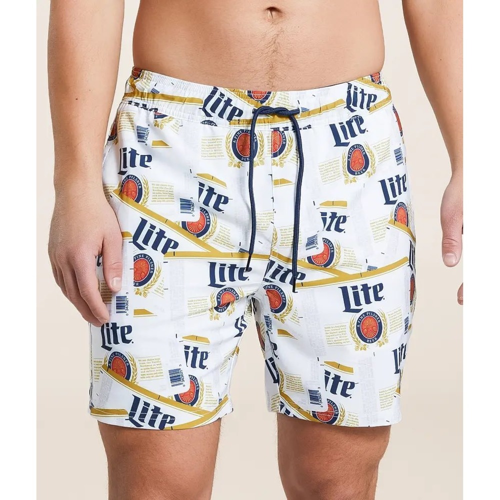 Miller Lite Beer Label Swim Trunks Men's Small White Logo Print Board Shorts